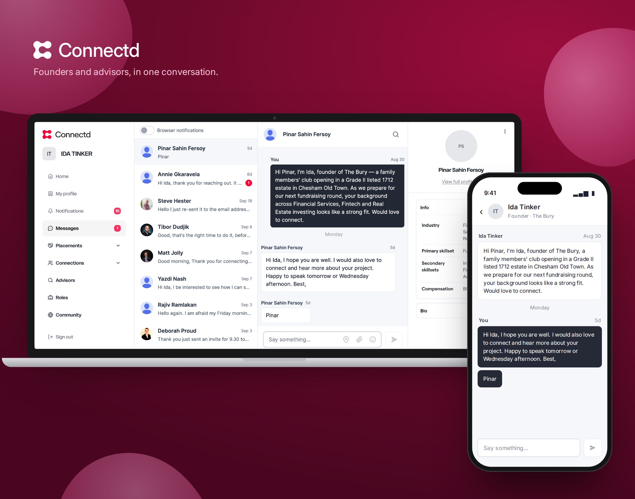A founder and an advisor messaging on Connectd, on laptop and phone