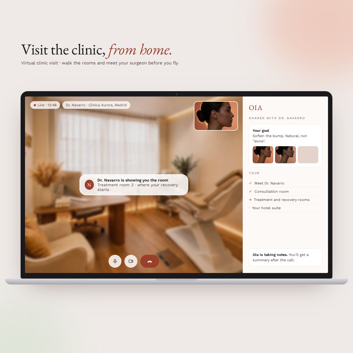 Virtual clinic visit: the surgeon shows the treatment room on a video call