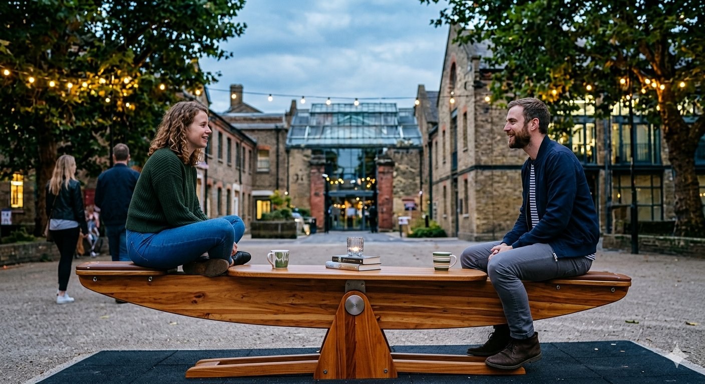 Two people facing each other on a long wooden seesaw bench