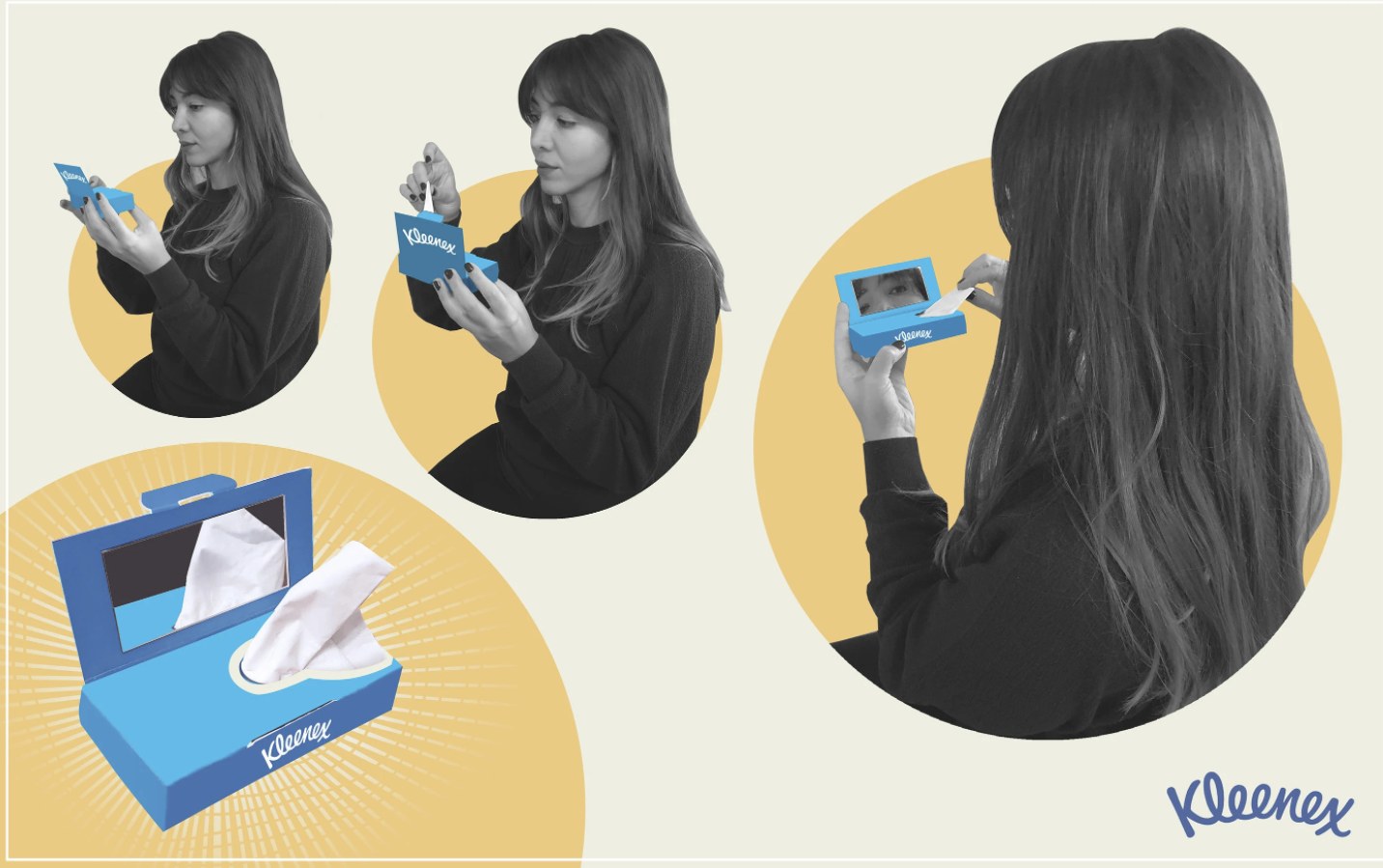 A woman using the compact Kleenex box with a built-in mirror