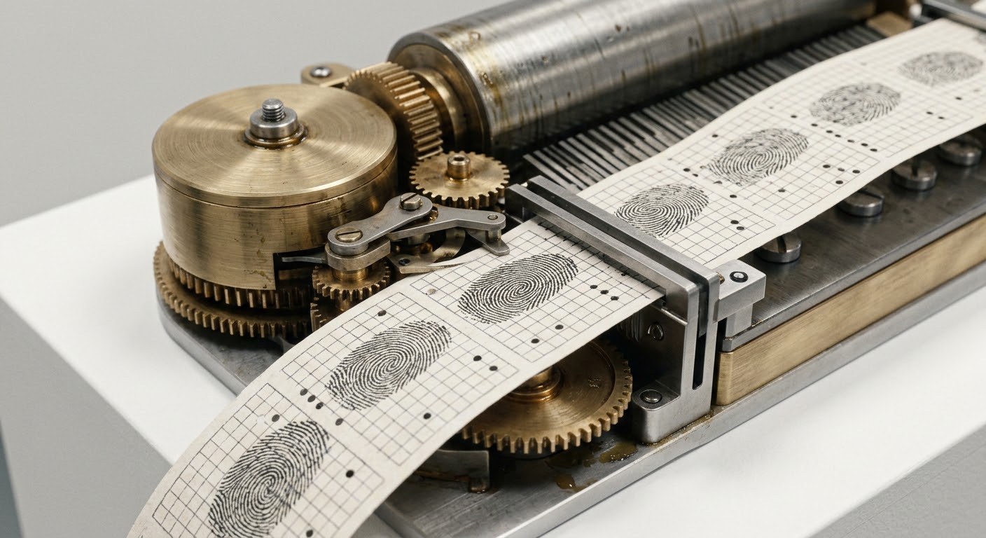 A music box mechanism playing a paper roll of fingerprints