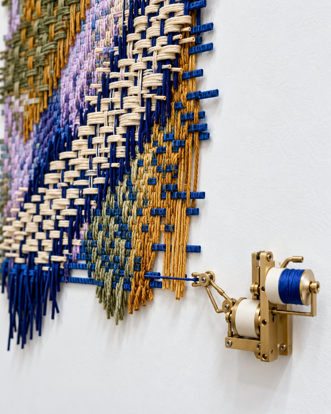 Detail of the brass mechanism pulling a blue thread from the weave