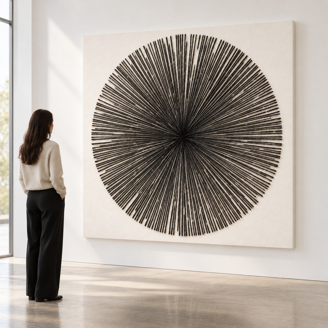 A visitor stands before the large dandelion canvas in a gallery