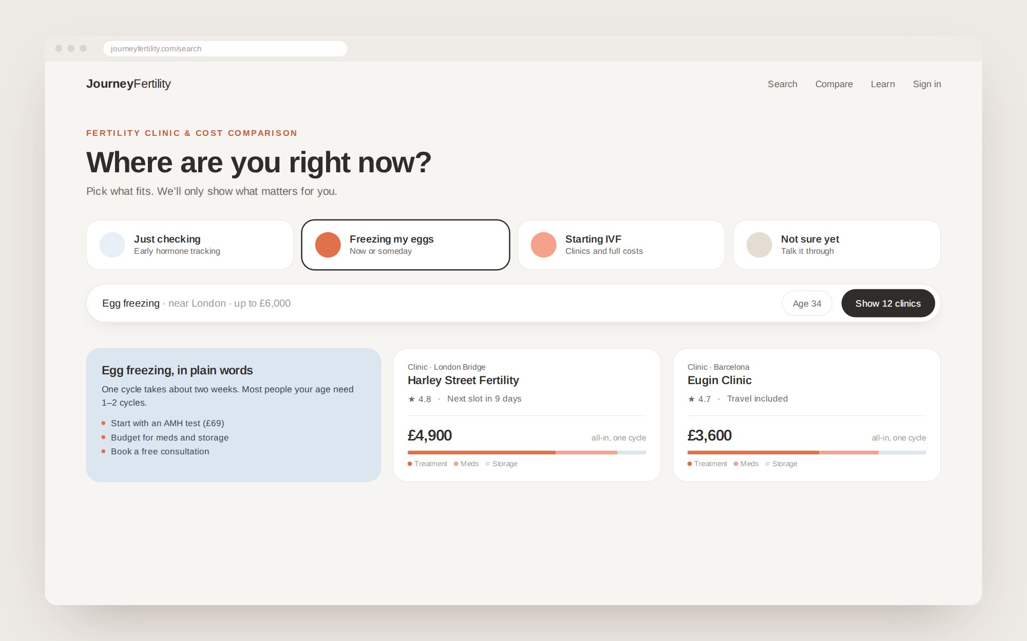 Search that starts by asking where you are: egg freezing, IVF, hormone tracking or not sure yet