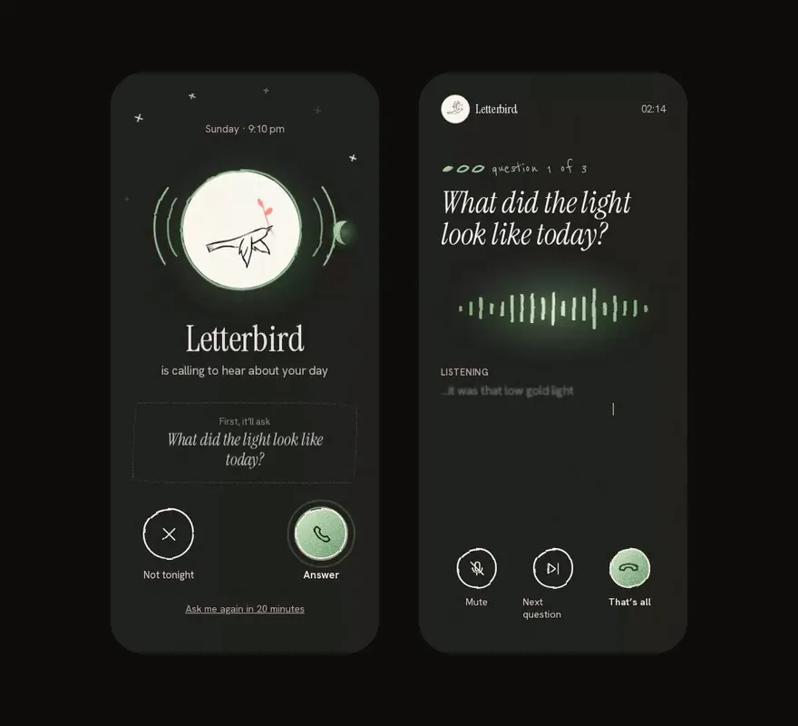 Letterbird incoming call and on-call screens, animated