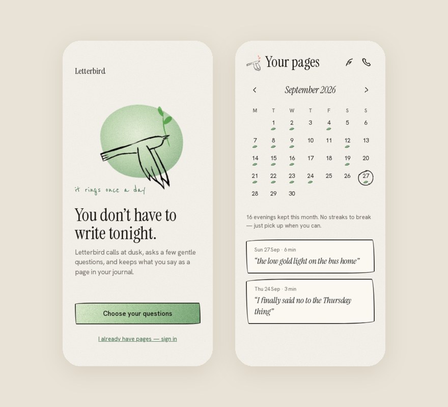 Letterbird welcome screen and calendar of journal pages